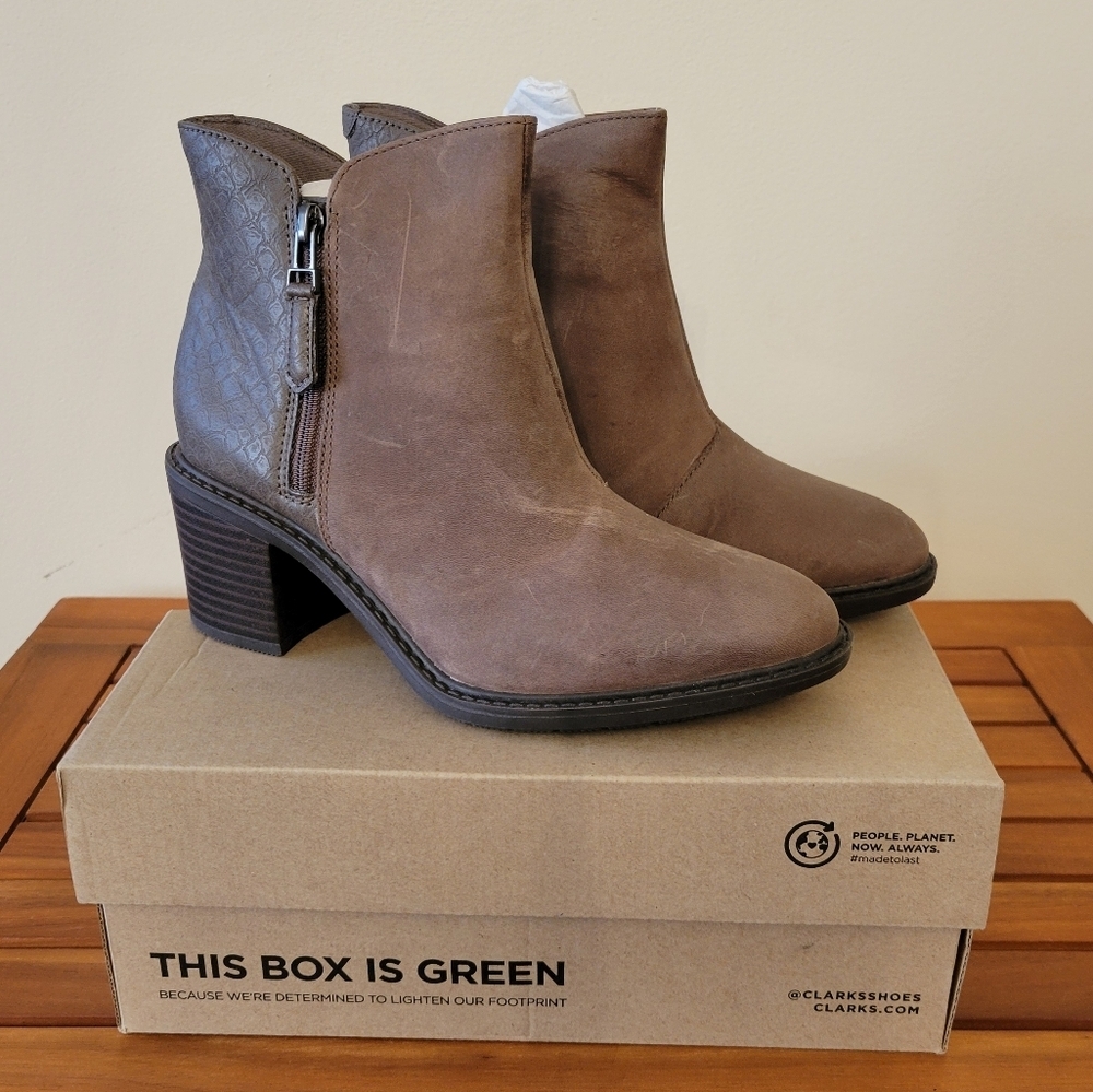 NIB Clarks Dark Taupe Leather Heeled Ankle Boots‎ Size 7 M